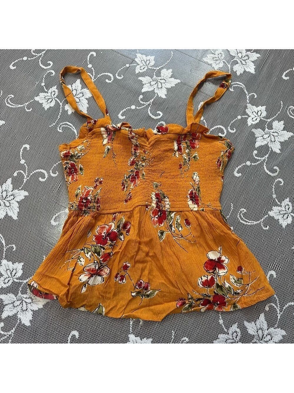 Patrons of Peace Floral Print Smocked Crop Tank Top Sz XS